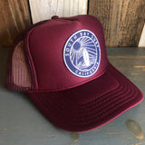Hermosa Beach SOUTH BAY SURF (Navy Patch) High Crown Trucker Hat - Burgundy Maroon