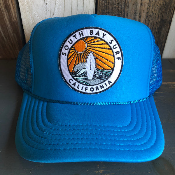 Hermosa Beach SOUTH BAY SURF (Multi Colored Patch) Trucker Hat - Neon Blue