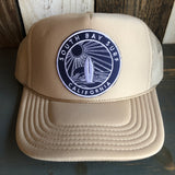 Hermosa Beach SOUTH BAY SURF (Navy Patch) High Crown Trucker Hat (Khaki)