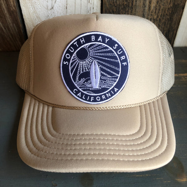 Hermosa Beach SOUTH BAY SURF (Navy Patch) High Crown Trucker Hat (Khaki)