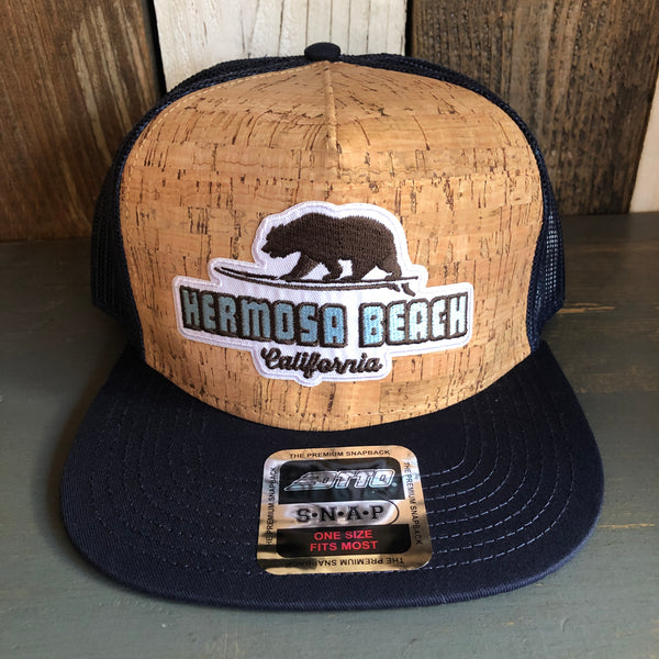 Hermosa Beach SURFING GRIZZLY BEAR Premium Cork Trucker Hat (Navy Blue)
