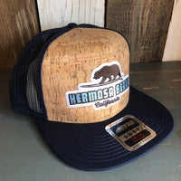 Hermosa Beach SURFING GRIZZLY BEAR Premium Cork Trucker Hat (Navy Blue)