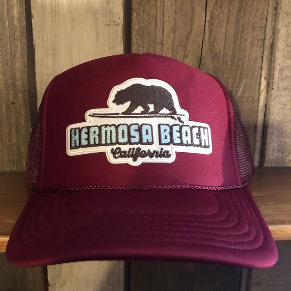 Hermosa Beach SURFING GRIZZLY BEAR Trucker Hat - Burgundy Maroon
