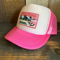 PALM SPRINGS, CALIFORNIA High Crown 5 Panel Trucker Cap, Foam/Mesh - Neon Pink/White