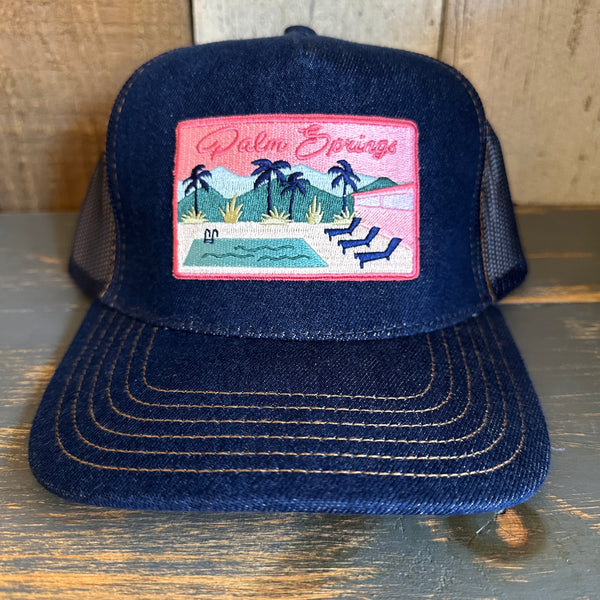 PALM SPRINGS, CALIFORNIA :: Premium Denim Trucker Hat - Navy/Gold Stitching