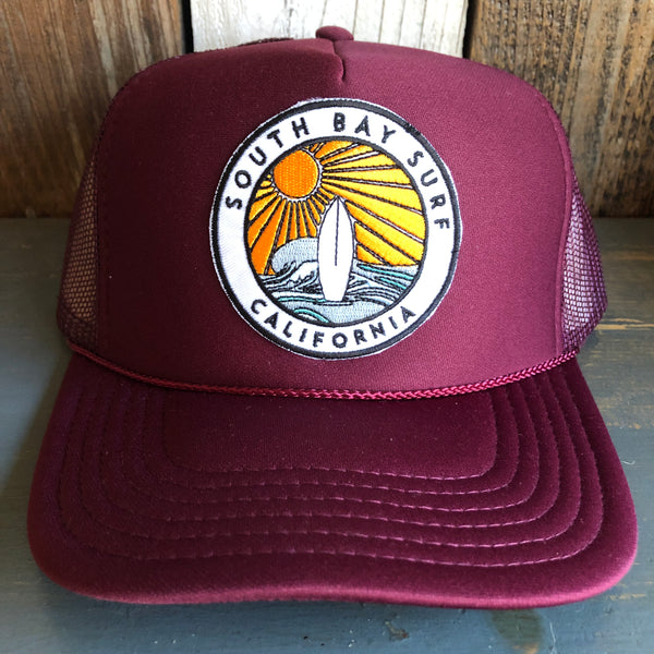 Hermosa Beach SOUTH BAY SURF (Multi Colored Patch) High Crown Trucker Hat - Burgundy Maroon