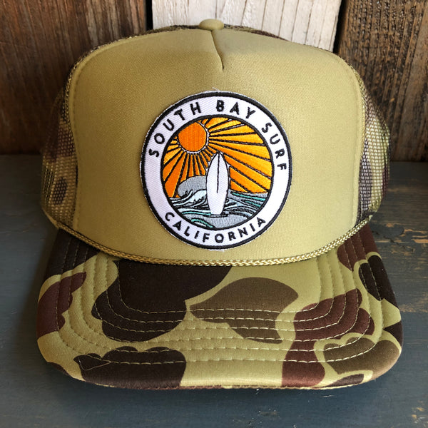 Hermosa Beach SOUTH BAY SURF (Multi Colored Patch) Trucker Hat - CAMOUFLAGE Green/Light Loden/Green