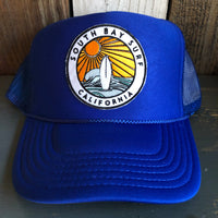 Hermosa Beach SOUTH BAY SURF (Multi Colored Patch) High Crown Trucker Hat - Royal Blue (Curved Brim)