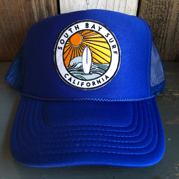 Hermosa Beach SOUTH BAY SURF (Multi Colored Patch) High Crown Trucker Hat - Royal Blue (Curved Brim)