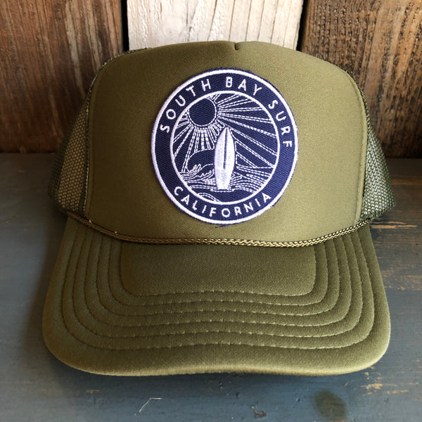 Hermosa Beach SOUTH BAY SURF (Navy Patch) High Crown Trucker Hat - Olive