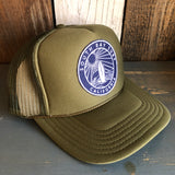 Hermosa Beach SOUTH BAY SURF (Navy Patch) High Crown Trucker Hat - Olive