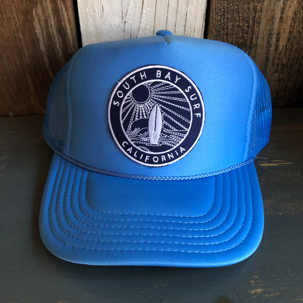 Hermosa Beach SOUTH BAY SURF (Navy Patch) High Crown Trucker Hat - Col. Blue