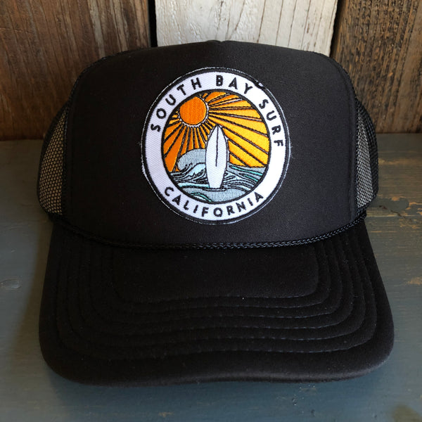 Hermosa Beach SOUTH BAY SURF (Multi Colored Patch) Mid Crown Trucker Hat - Black (Curved Logo)