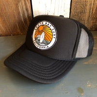 Hermosa Beach SOUTH BAY SURF (Multi Colored Patch) Mid Crown Trucker Hat - Black (Curved Logo)
