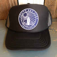 Hermosa Beach SOUTH BAY SURF (Navy Patch) High Crown Trucker Hat - Black (Curved Brim)