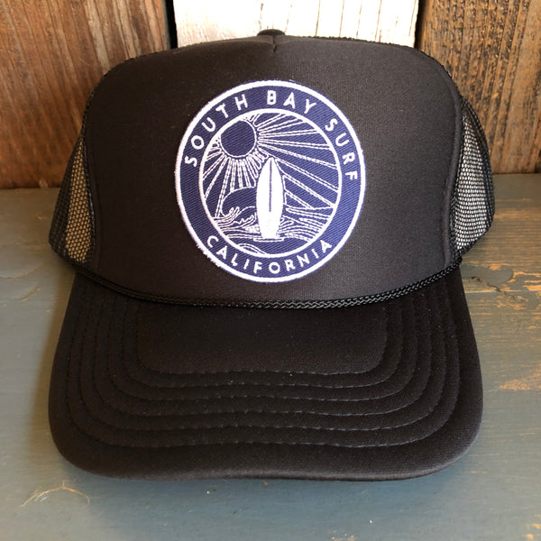 Hermosa Beach SOUTH BAY SURF (Navy Patch) High Crown Trucker Hat - Black (Curved Brim)