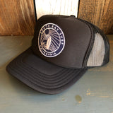Hermosa Beach SOUTH BAY SURF (Navy Patch) High Crown Trucker Hat - Black (Curved Brim)