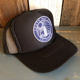 Hermosa Beach SOUTH BAY SURF (Navy Patch) High Crown Trucker Hat - Black (Curved Brim)