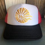 Black, white, and red trucker hat with mesh back, yellow sun graphic, and hb logo on the structured front panel.