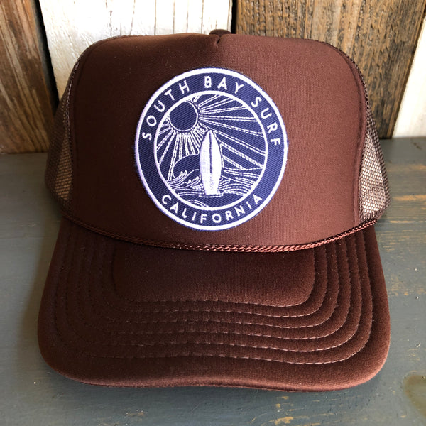 SOUTH BAY SURF (Navy Colored Patch) High Crown Trucker Hat - Brown