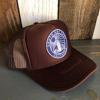SOUTH BAY SURF (Navy Colored Patch) High Crown Trucker Hat - Brown