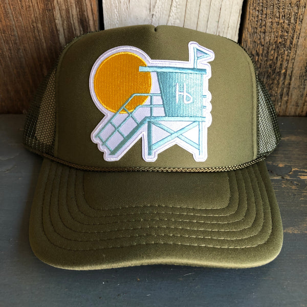 Hermosa Beach LIFEGUARD TOWER High Crown Trucker Hat - Olive