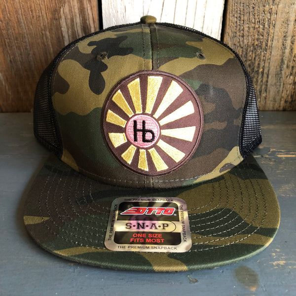 Hermosa Beach SUNBEAMS Camouflage 6 Panel Mid Profile Mesh Back Snapback Trucker Hat - Dark Green/Brown/Black