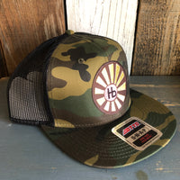 Hermosa Beach SUNBEAMS Camouflage 6 Panel Mid Profile Mesh Back Snapback Trucker Hat - Dark Green/Brown/Black