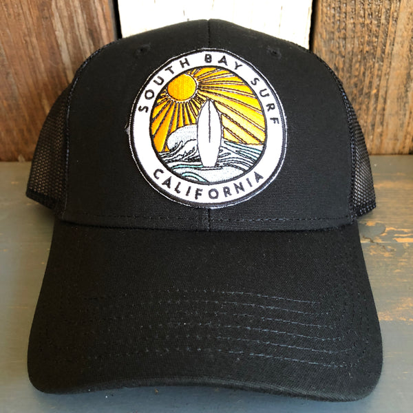 Hermosa Beach SOUTH BAY SURF (Multi Colored Patch) Low Fitting 6 Panel Low Profile Mesh Back Trucker Hat - Black