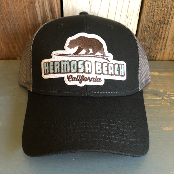Hermosa Beach SURFING GRIZZLY BEAR Low Fitting 6 Panel Low Profile Mesh Back Trucker Hat - Black/Black/Charcoal Grey
