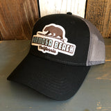 Hermosa Beach SURFING GRIZZLY BEAR Low Fitting 6 Panel Low Profile Mesh Back Trucker Hat - Black/Black/Charcoal Grey