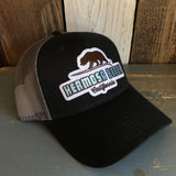 Hermosa Beach SURFING GRIZZLY BEAR Low Fitting 6 Panel Low Profile Mesh Back Trucker Hat - Black/Black/Charcoal Grey