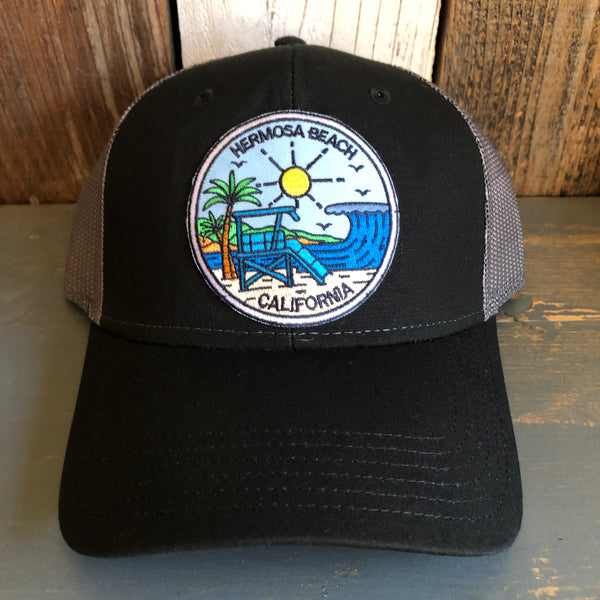 Hermosa Beach SHOREFRONT Low Fitting 6 Panel Low Profile Mesh Back Trucker Hat - Black/Black/Charcoal Grey