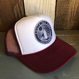 Hermosa Beach SOUTH BAY SURF (Navy Colored Patch) Trucker Hat - Maroon/White/Maroon