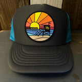 Hermosa Beach OBLIGATORY SUNSET High Crown 5 Panel Trucker Cap, Foam/Mesh -  Charcoal/Aqua