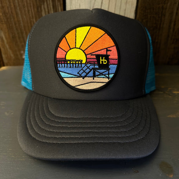 Hermosa Beach OBLIGATORY SUNSET High Crown 5 Panel Trucker Cap, Foam/Mesh -  Charcoal/Aqua