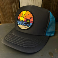 Hermosa Beach OBLIGATORY SUNSET High Crown 5 Panel Trucker Cap, Foam/Mesh -  Charcoal/Aqua