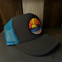 Hermosa Beach OBLIGATORY SUNSET High Crown 5 Panel Trucker Cap, Foam/Mesh -  Charcoal/Aqua