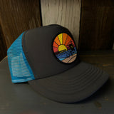 Hermosa Beach OBLIGATORY SUNSET High Crown 5 Panel Trucker Cap, Foam/Mesh -  Charcoal/Aqua