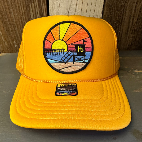 Hermosa Beach OBLIGATORY SUNSET High Crown Trucker Hat - Gold