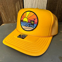 Hermosa Beach OBLIGATORY SUNSET High Crown Trucker Hat - Gold