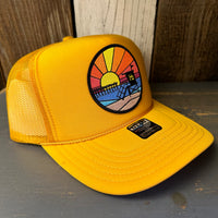 Hermosa Beach OBLIGATORY SUNSET High Crown Trucker Hat - Gold