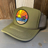 Hermosa Beach OBLIGATORY SUNSET High Crown Trucker Hat - Olive