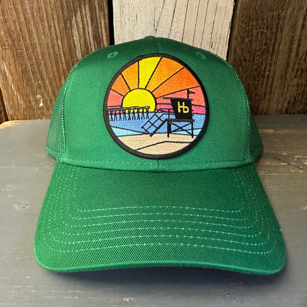 Hermosa Beach OBLIGATORY SUNSET 6 Panel Low Profile Mesh Back Trucker Hat - Kelly Green