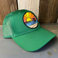 Hermosa Beach OBLIGATORY SUNSET 6 Panel Low Profile Mesh Back Trucker Hat - Kelly Green