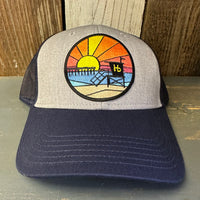 Hermosa Beach OBLIGATORY SUNSET 6 Panel Low Profile Mesh Back Trucker Hat - Navy/Heather Grey