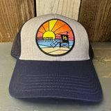 Hermosa Beach OBLIGATORY SUNSET 6 Panel Low Profile Mesh Back Trucker Hat - Navy/Heather Grey