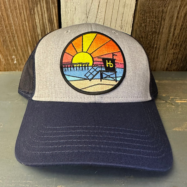 Hermosa Beach OBLIGATORY SUNSET 6 Panel Low Profile Mesh Back Trucker Hat - Navy/Heather Grey