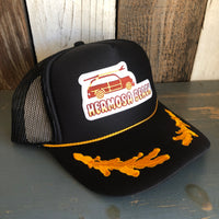 Hermosa Beach WOODIE 5 Panel High Crown Mesh Back Captain Trucker Hat- Black/Gold