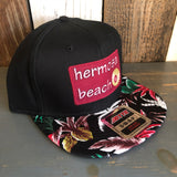 Hermosa Beach WELCOME SIGN Black Panel/Hawaiian Pattern Visor - 6 Panel Mid Profile Snapback Hat - Makai